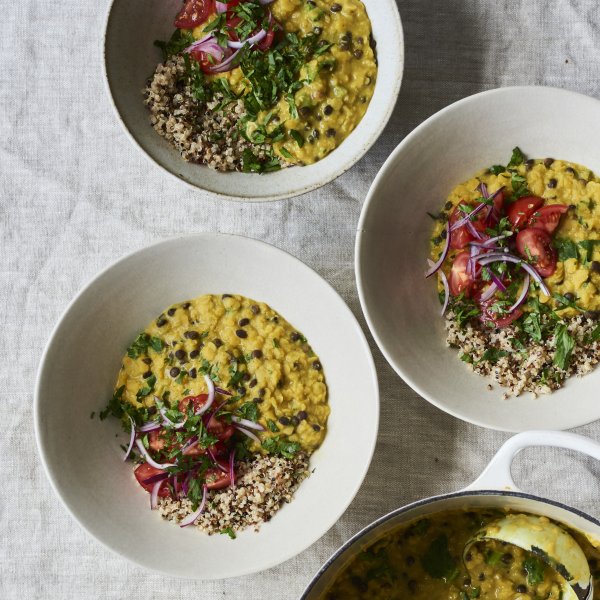 Red & puy lentil dal with tomato & onion salad